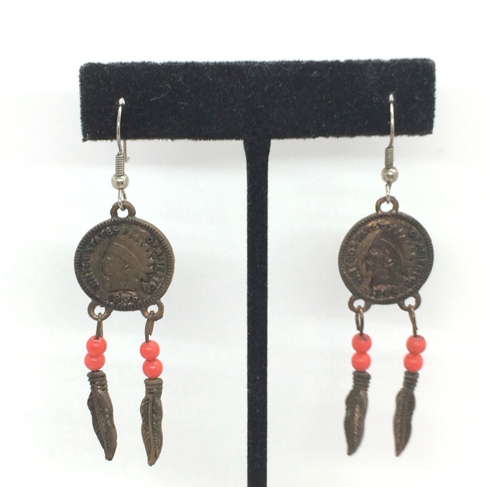 VINTAGE INDIAN PENNY HEAD COPPER FEATHER DANGLE EARRINGS BOHO TRIBAL 3” LONG